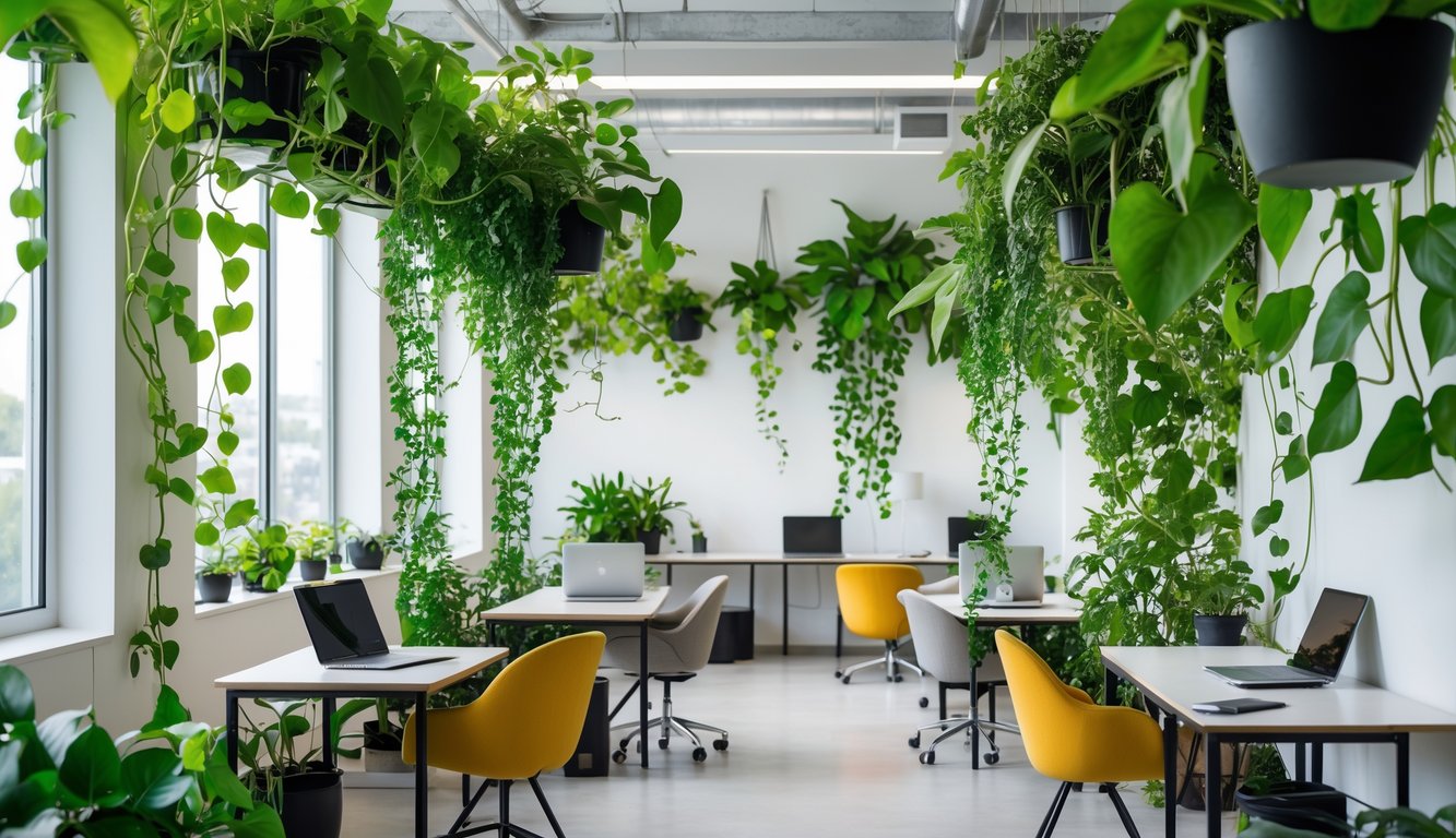 A coworking space with desks and chairs surrounded by hanging and trailing green plants and vines.