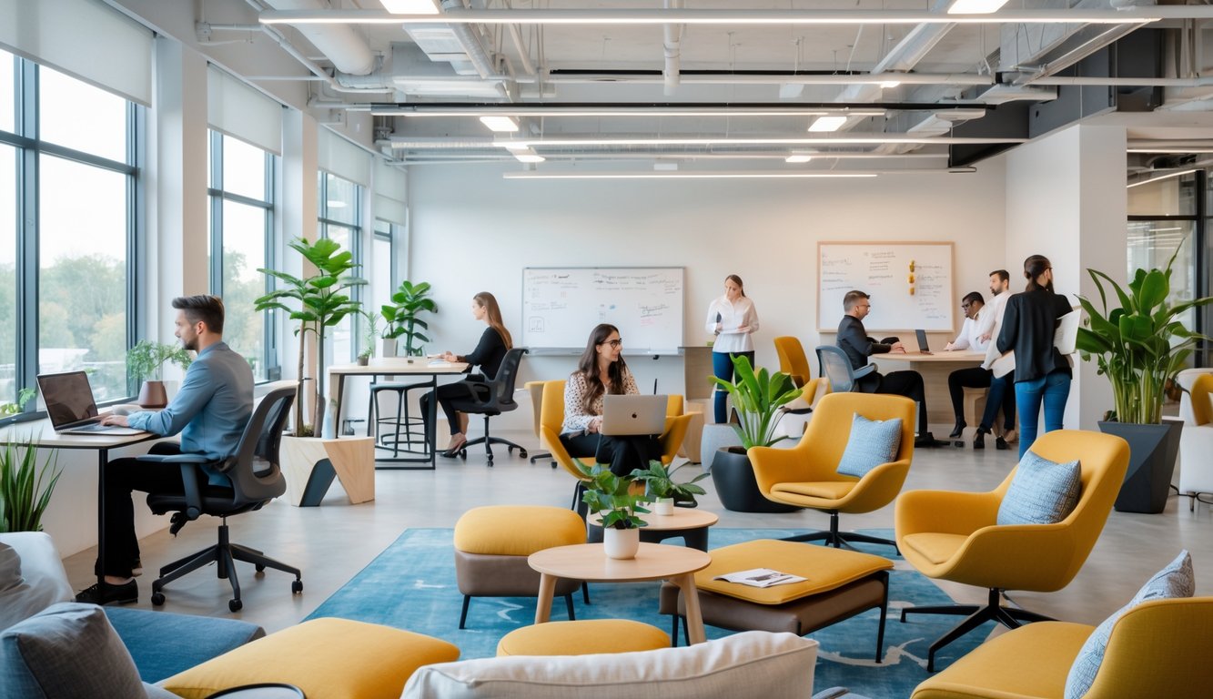 A modern coworking space with people working and collaborating around comfortable desks and lounge furniture.