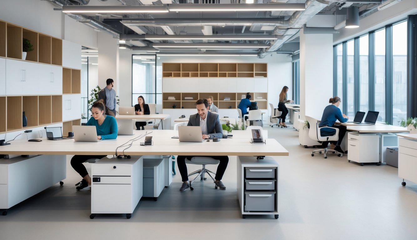 A modern coworking space with ergonomic desks, integrated storage units, and people working on laptops in a bright, organized room.