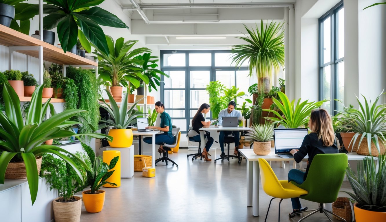 A modern coworking space with people working surrounded by various unique and large green plants placed on desks and shelves.