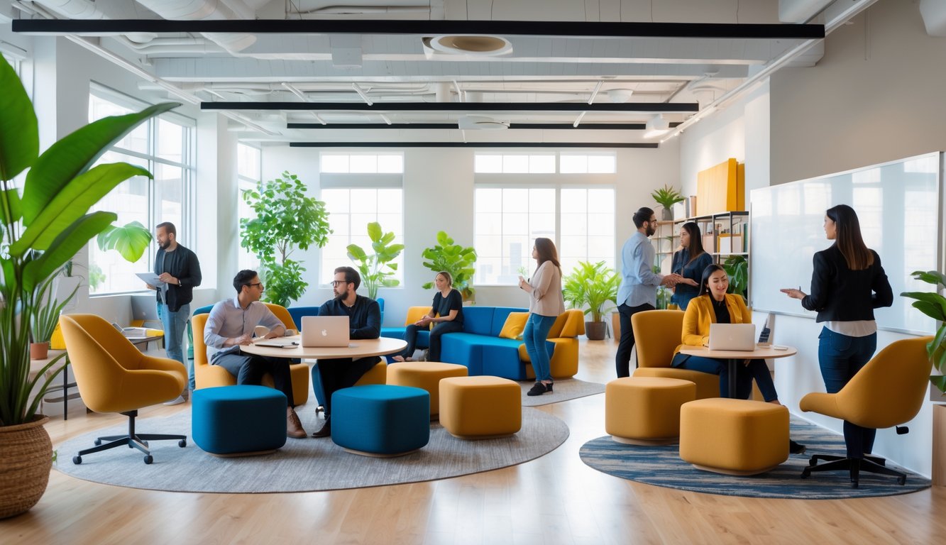 A modern coworking space with people collaborating around tables and comfortable breakout areas with various seating options and plants.
