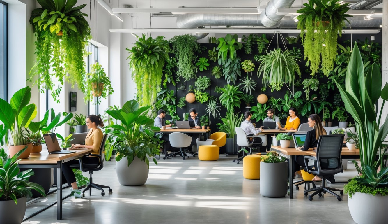 A modern coworking space with people working and relaxing surrounded by various green plants placed on desks, hanging from the ceiling, and on a vertical garden wall.
