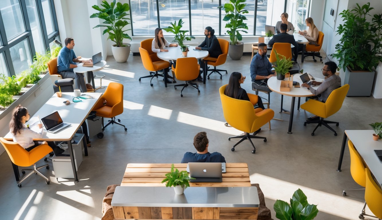A modern coworking space with ergonomic chairs, sustainable desks, plants, and people working together in a bright, organized room.