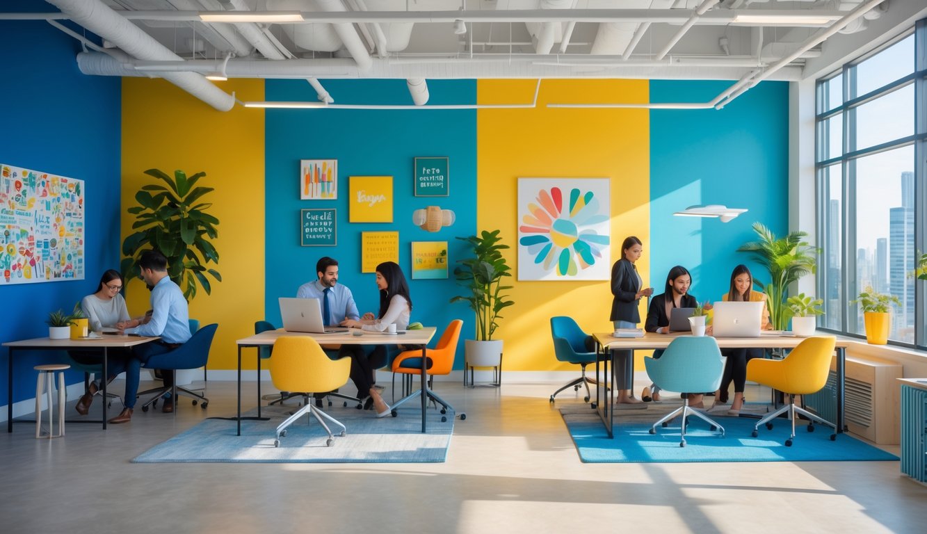A modern coworking space with colorful walls, plants, and people working at desks in a bright, open room.