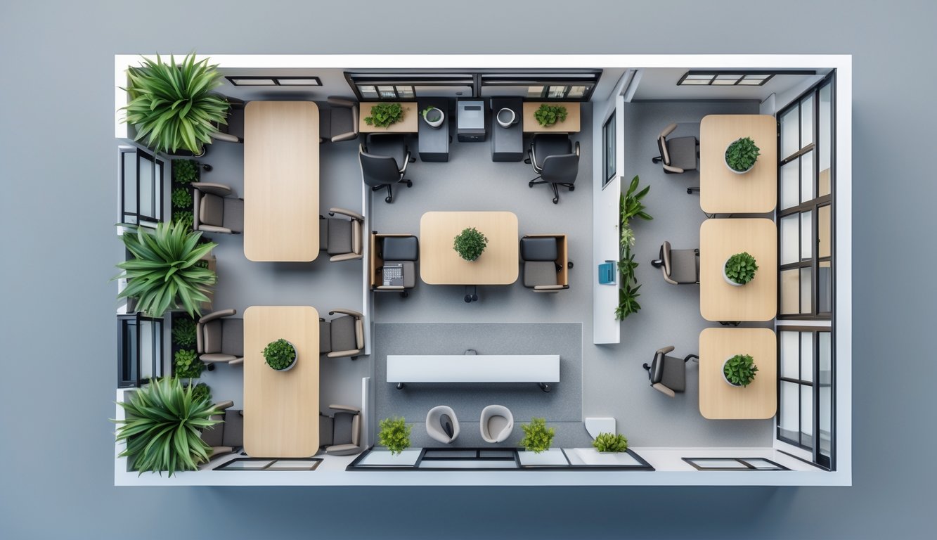 Top-down view of a small coworking space layout with desks, chairs, meeting tables, and lounge areas arranged in a compact office floor plan.