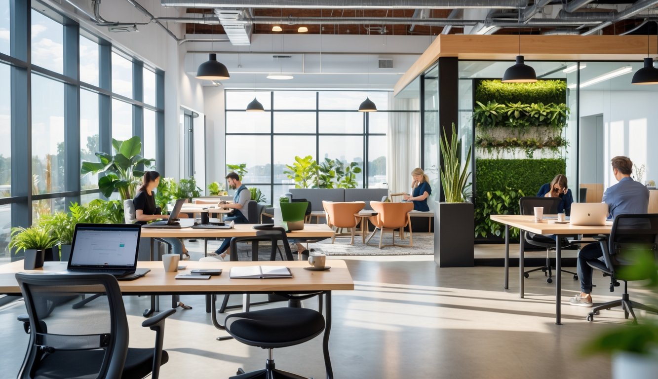 A bright coworking space with people working at desks, plants, and a lounge area.