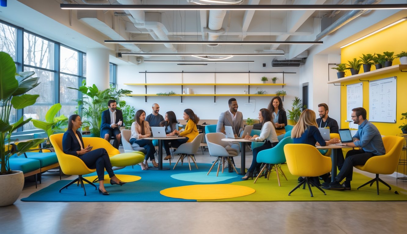 A bright coworking space with people collaborating around tables, colorful accents, plants, and natural light.