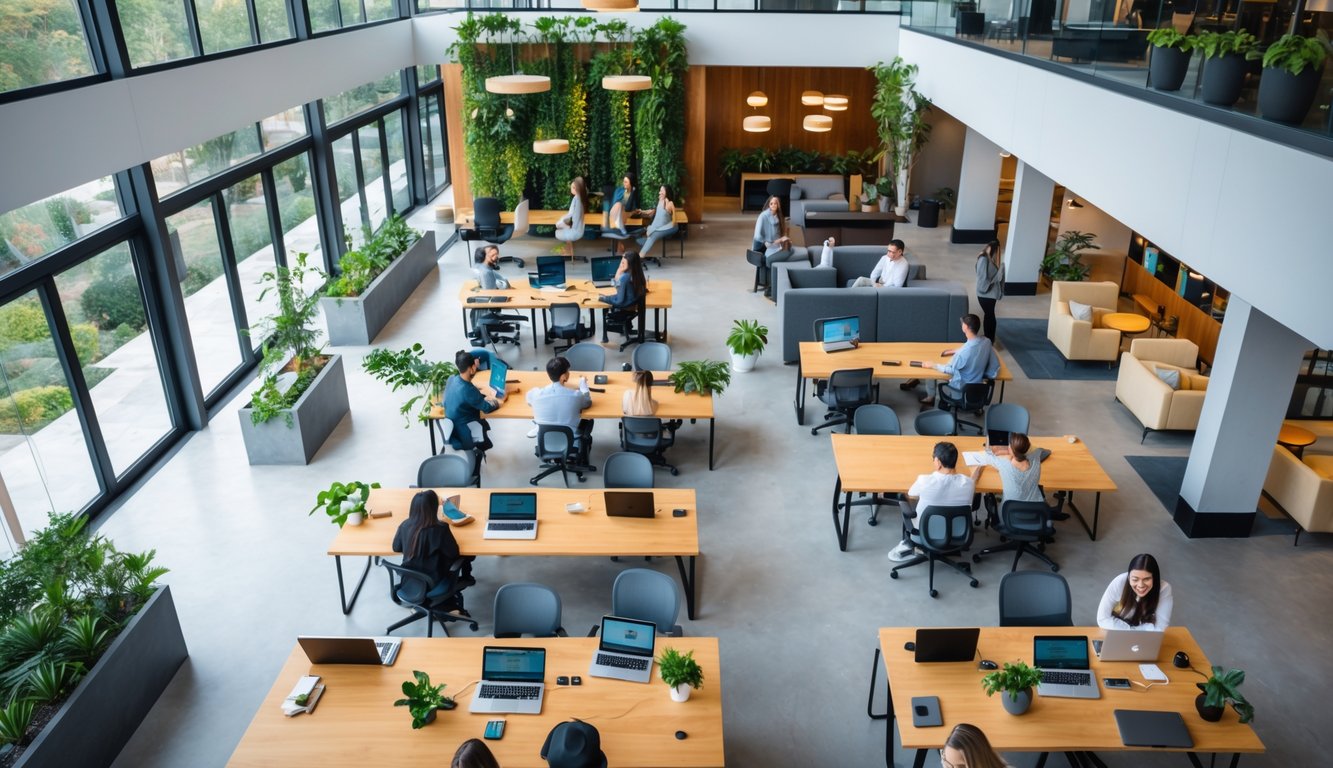 A bright and spacious coworking space with people working at communal tables and private pods, surrounded by plants and modern furniture.