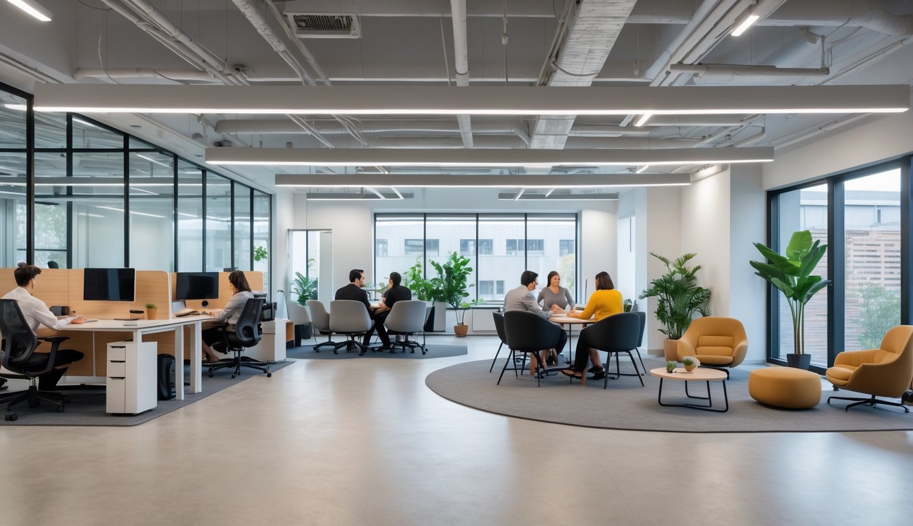 A small coworking space with separate areas for individual work, group meetings, relaxation, and a kitchenette, featuring modern furniture and natural lighting.