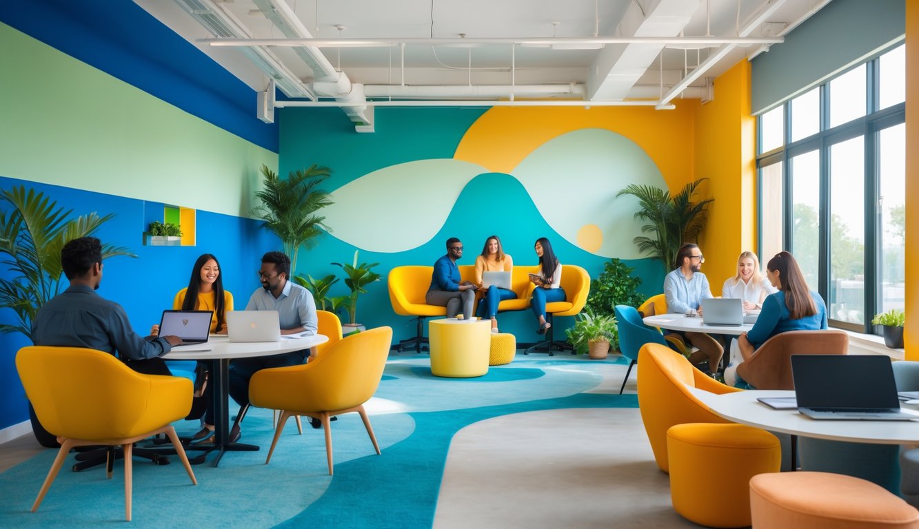 A modern coworking space with colorful walls, comfortable desks, plants, and people working and collaborating together.
