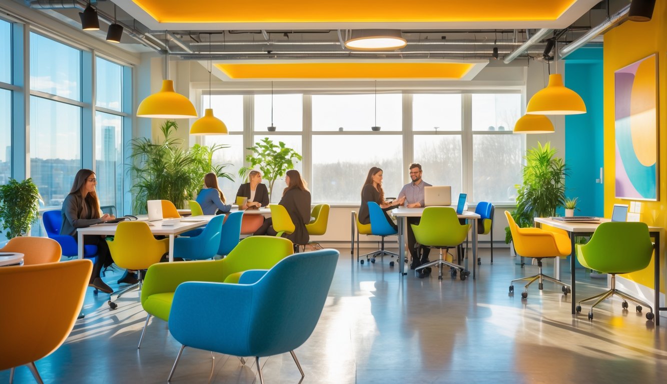 A bright coworking space with colorful furniture and plants, illuminated by natural and artificial light, showing people working and interacting.