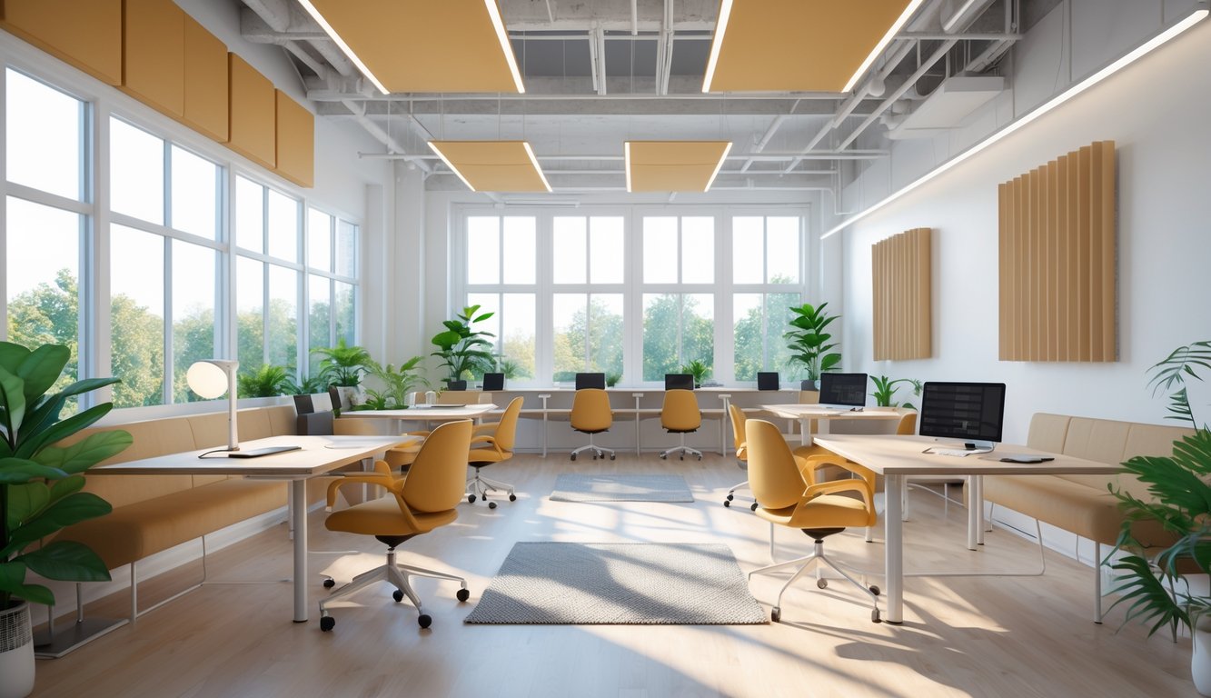 A small coworking space with large windows letting in natural light, several desks and chairs arranged for work, acoustic panels on walls and ceiling, and indoor plants enhancing the environment.