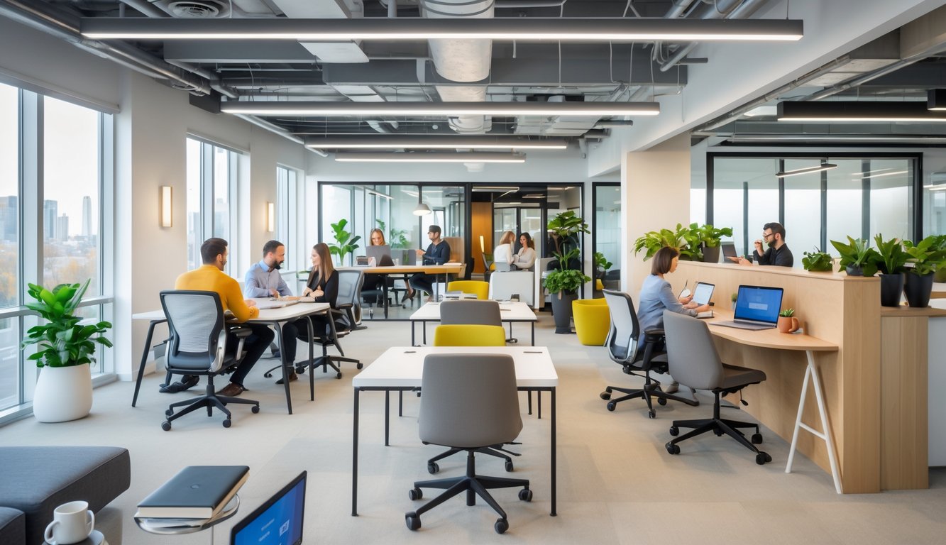 Open coworking space with separate work desks, meeting tables, lounge seating, and a bar counter, filled with natural light and people working.