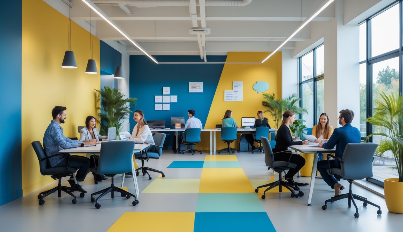A bright coworking space with people working at desks surrounded by colorful walls and plants.