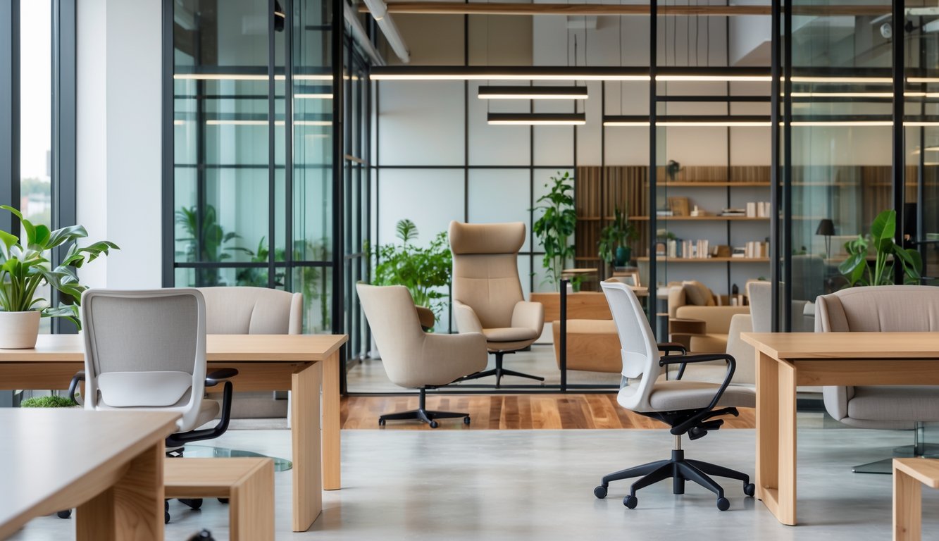 A bright coworking space with wooden desks, ergonomic chairs, glass partitions, lounge seating, and green plants.