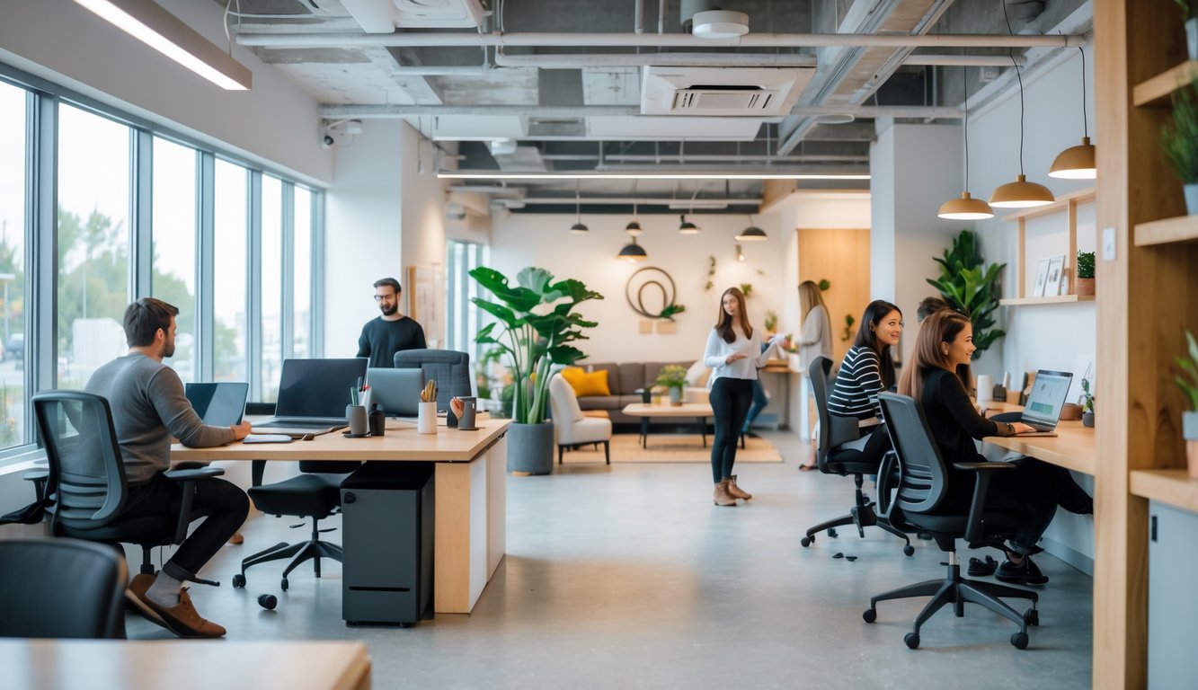 A small coworking space with workstations, a lounge area, and people working and interacting.
