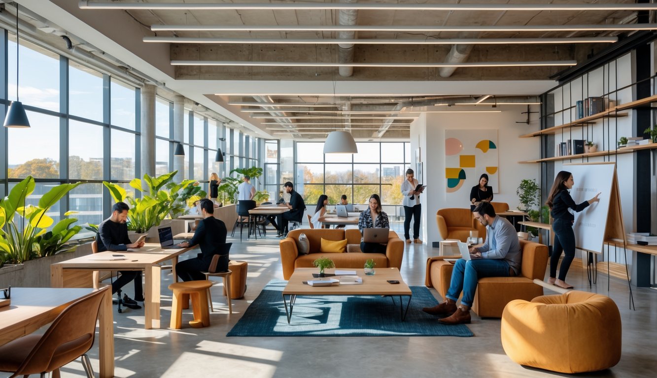 A modern coworking space with people working together at tables and desks surrounded by plants and large windows.