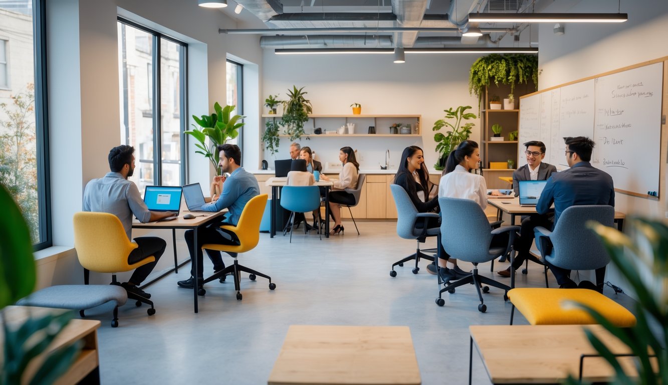 A small coworking space with people working at desks, collaborating in groups, and using laptops in a bright, modern room with plants and office furniture.