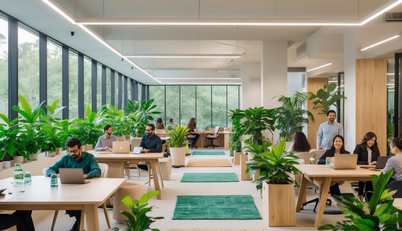 A bright coworking space with large windows, green plants, ergonomic desks, and people working together.