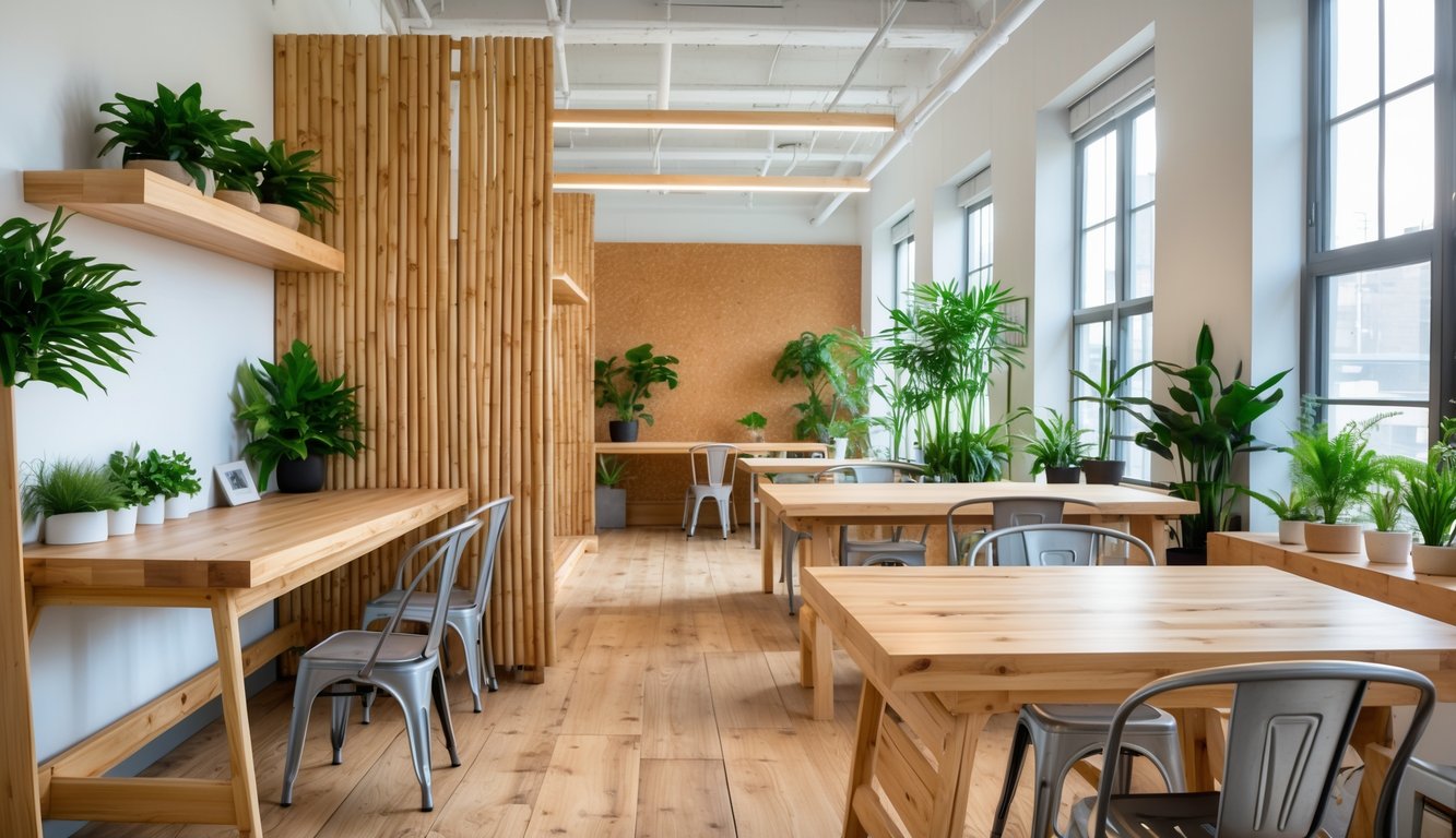 A modern coworking space with wooden desks, green plants, and natural light, designed using sustainable materials.