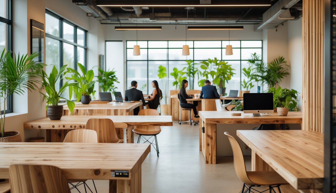 A modern coworking space with natural wood furniture, green plants, and large windows letting in sunlight, showing people working together.