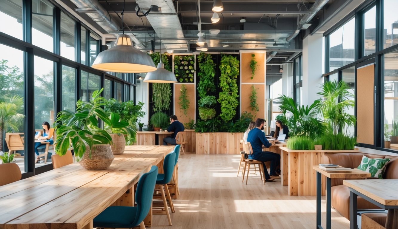 A modern coworking space with wooden desks, green plants, large windows, and people working together.