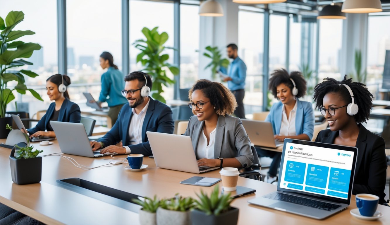 People working and collaborating in a bright, modern coworking space with laptops and digital devices.
