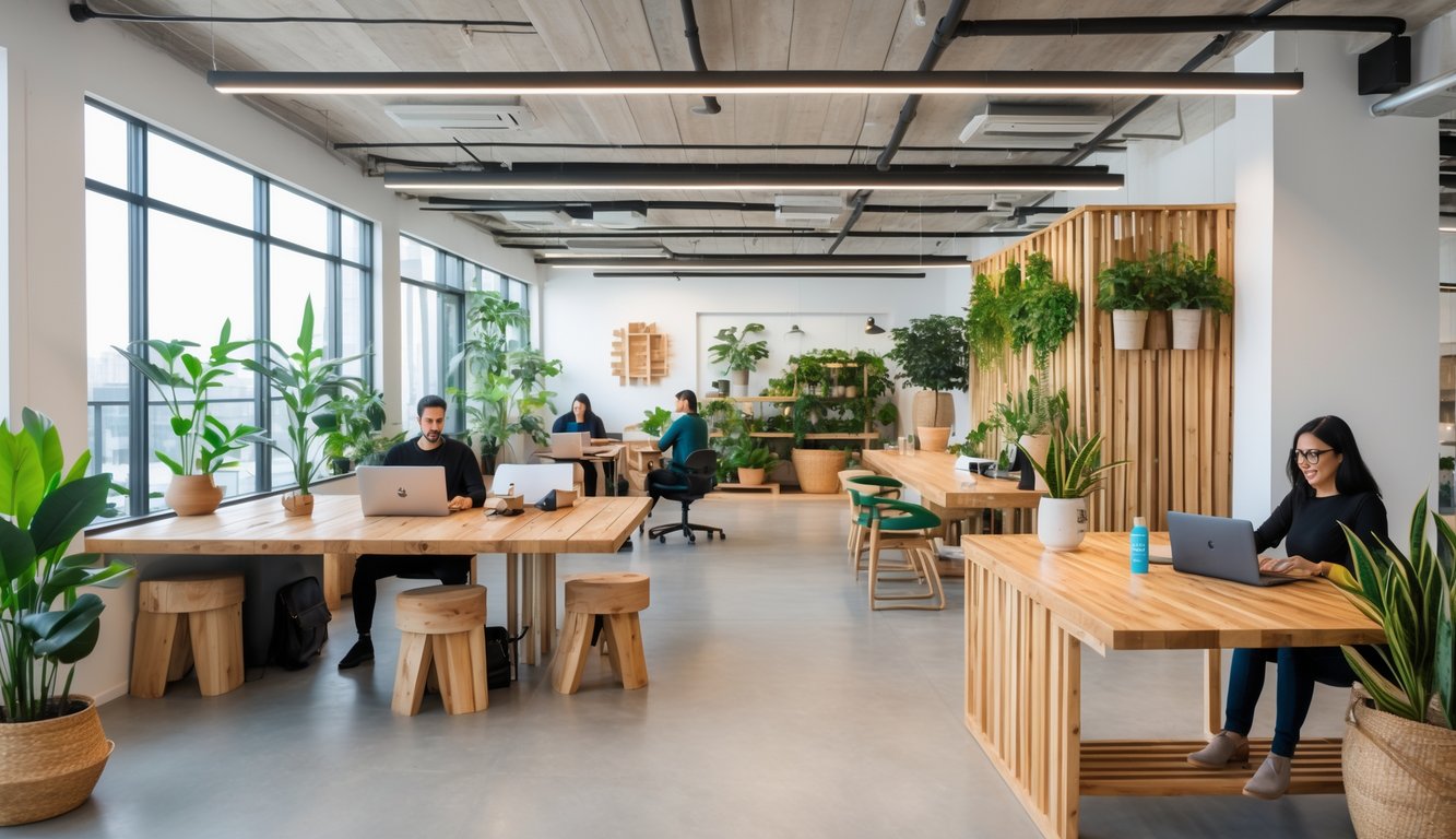 A modern coworking space with natural light, plants, wooden desks, and people working together in an eco-friendly environment.