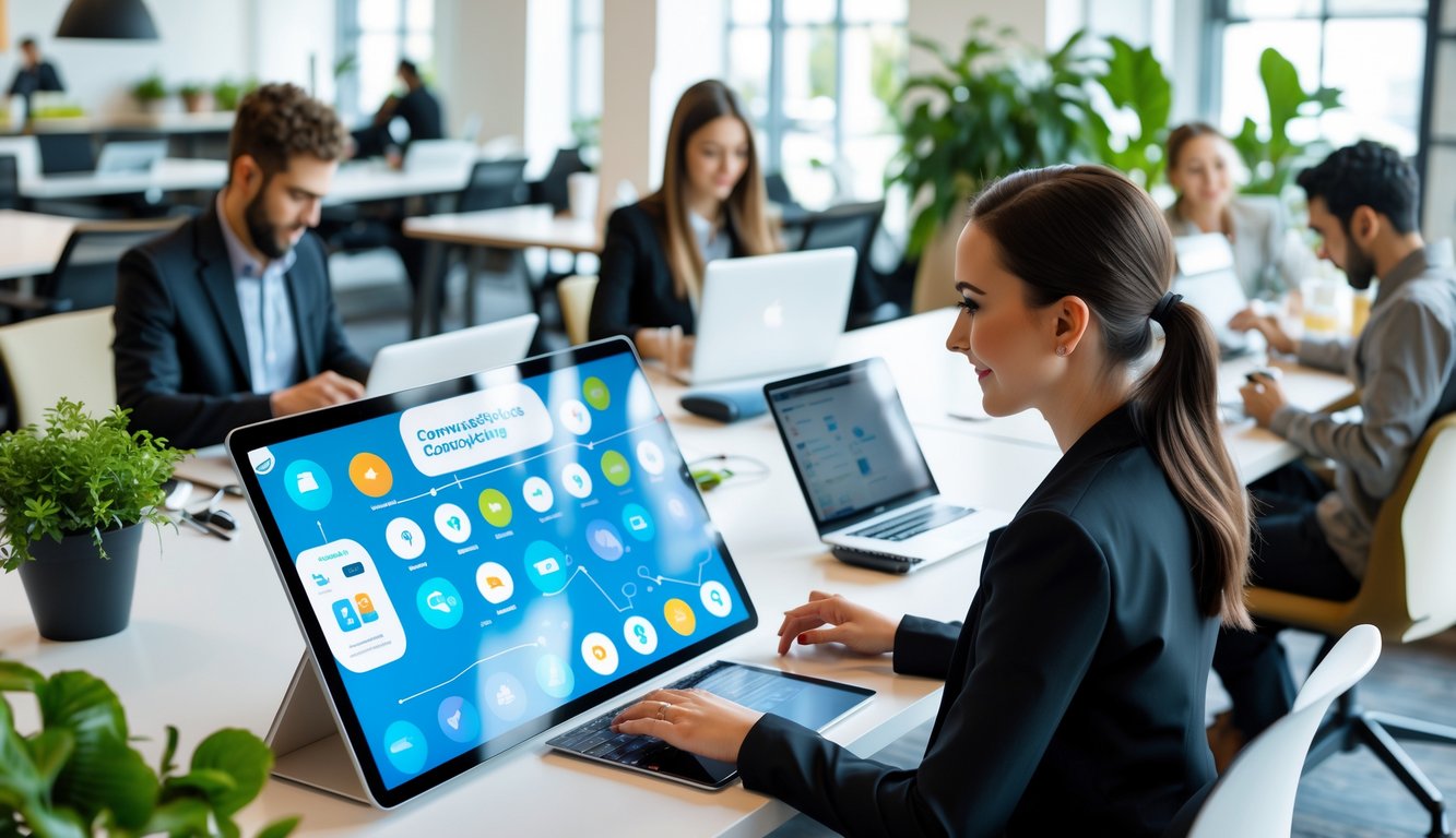 People working and collaborating in a modern coworking space with laptops and mobile devices.