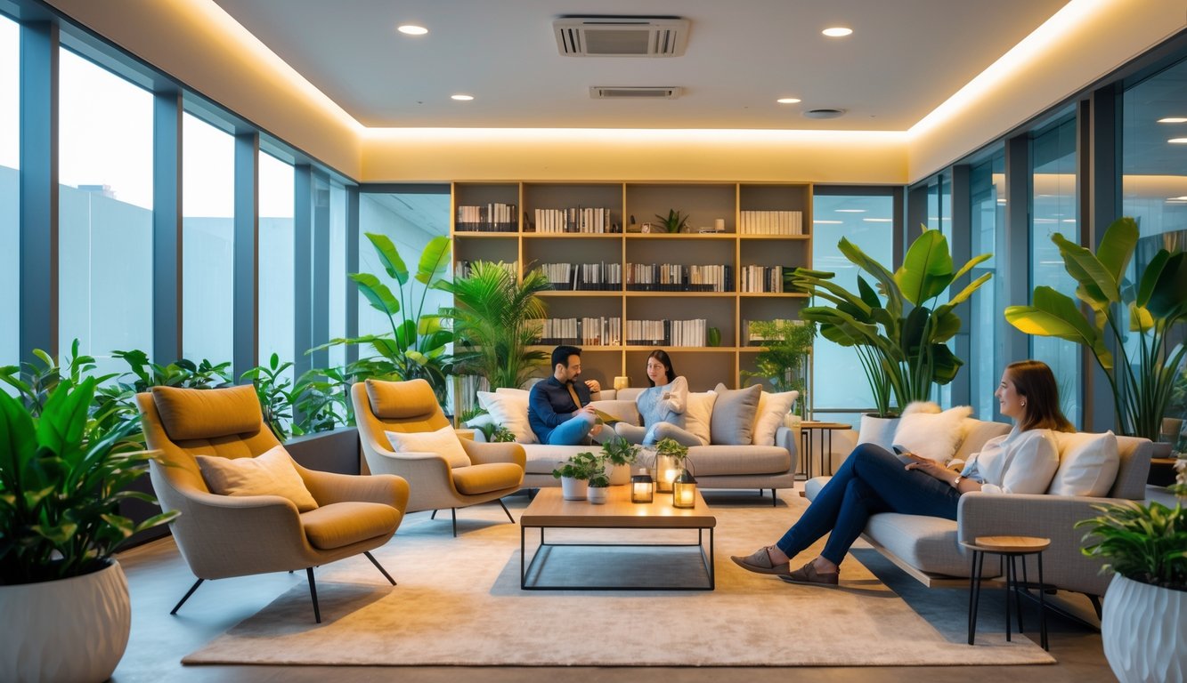 A cozy relaxation area in a coworking space with lounge chairs, plants, and natural light.