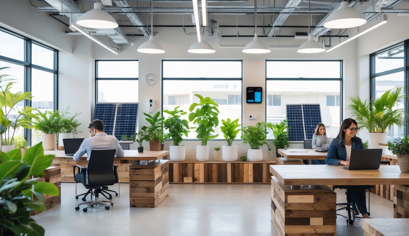 A modern coworking space with natural light, sustainable furniture, indoor plants, and people working collaboratively.