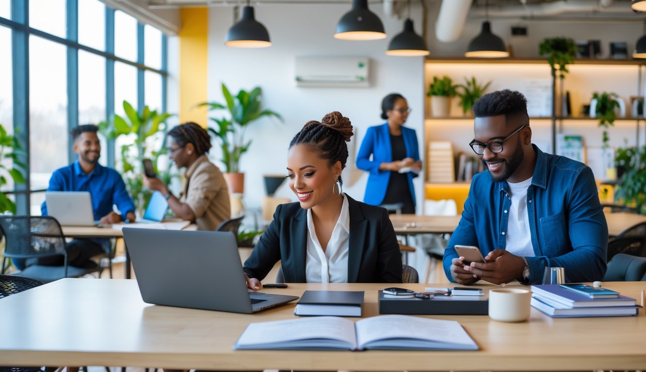 People working and collaborating in a modern coworking space with laptops and smartphones.