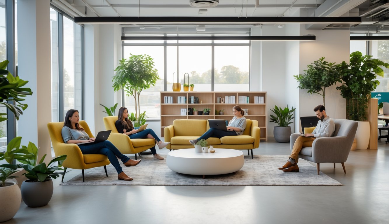 A coworking space with a comfortable relaxation area featuring armchairs, a sofa, plants, and natural light, with people relaxing and working.