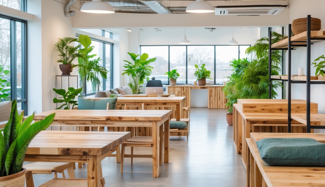 A modern coworking space with wooden furniture, green plants, and large windows letting in natural light.