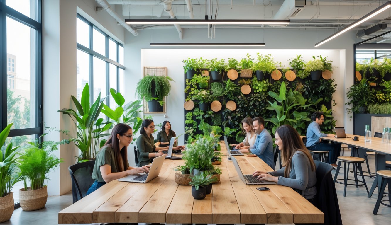 A modern coworking space with natural wood furniture, plants, and people working together in a bright room.