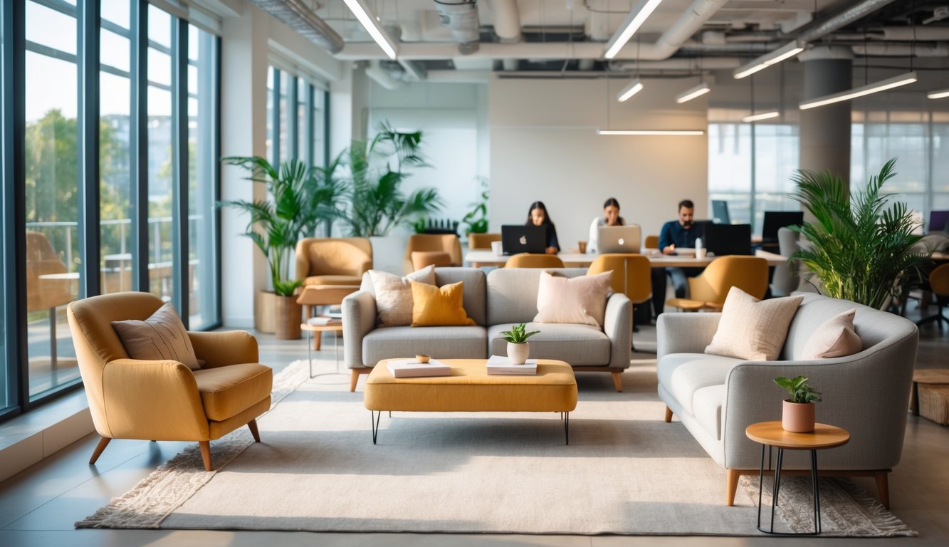 A coworking space with a comfortable relaxation area including armchairs, a sofa, plants, and natural light, with people working at desks in the background.