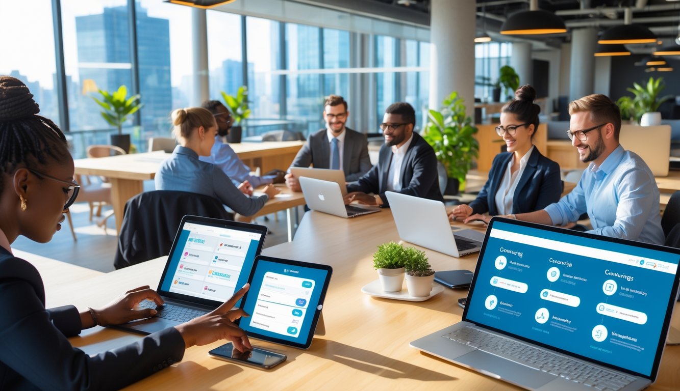 A modern coworking space with people working on laptops and tablets, collaborating and using devices to manage workspace bookings.