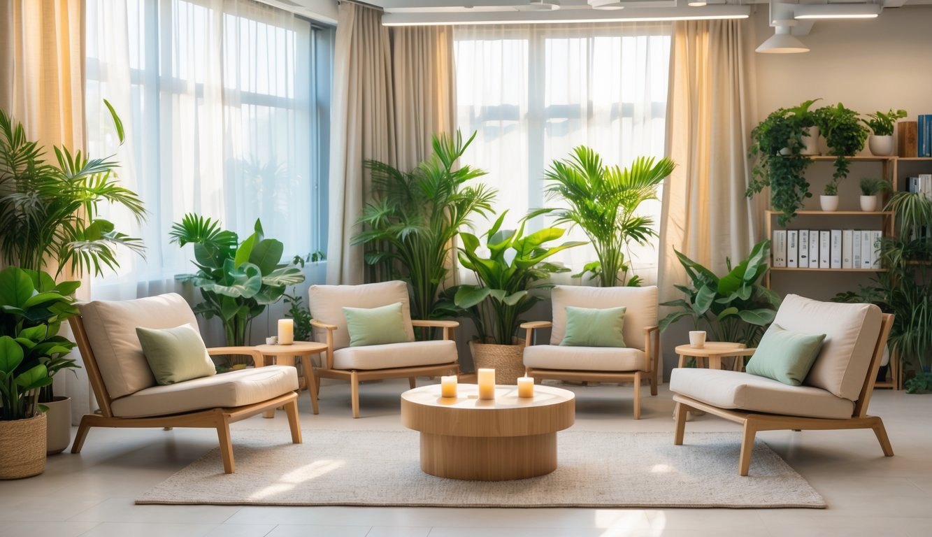 A cozy coworking space with lounge chairs, plants, a coffee table, and natural light creating a relaxing atmosphere.