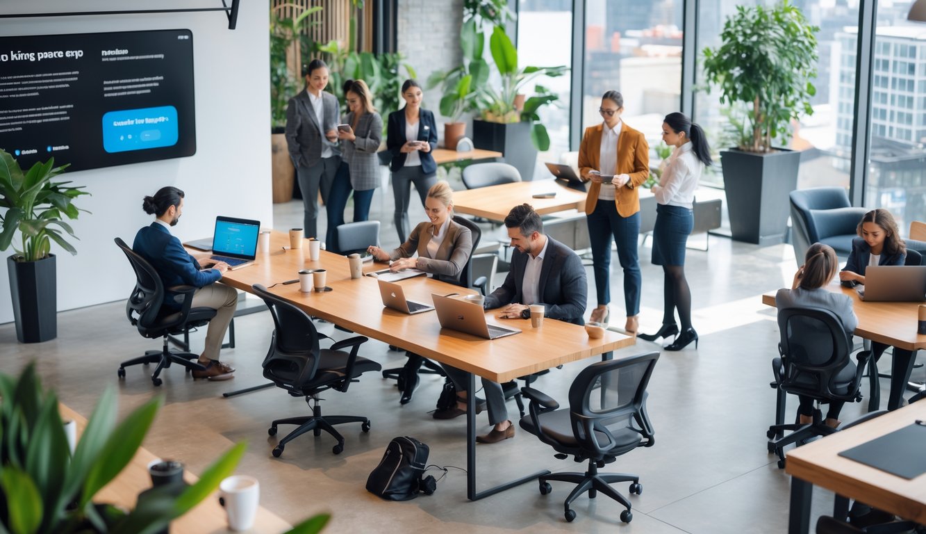 People working and collaborating in a bright coworking space using laptops and mobile devices.