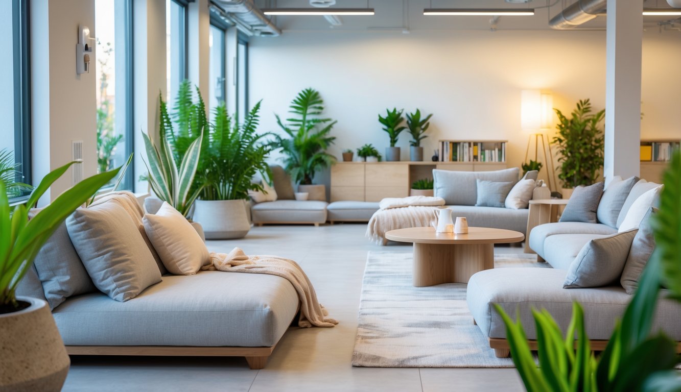 A bright coworking space with comfortable lounge chairs, indoor plants, and soft natural light creating a relaxing area for rest.