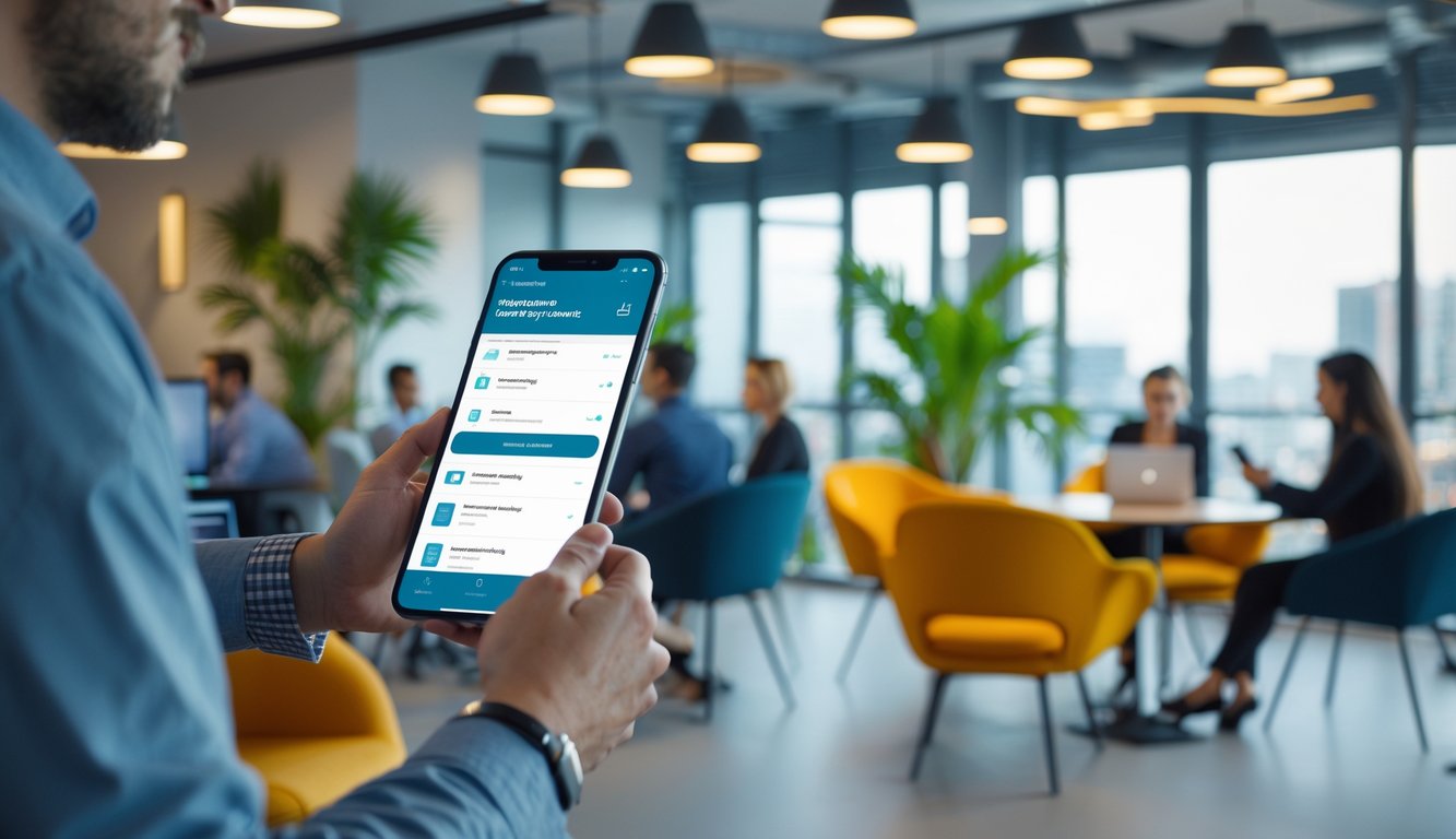 People working in a modern coworking space using smartphones and tablets in a bright, open office environment.