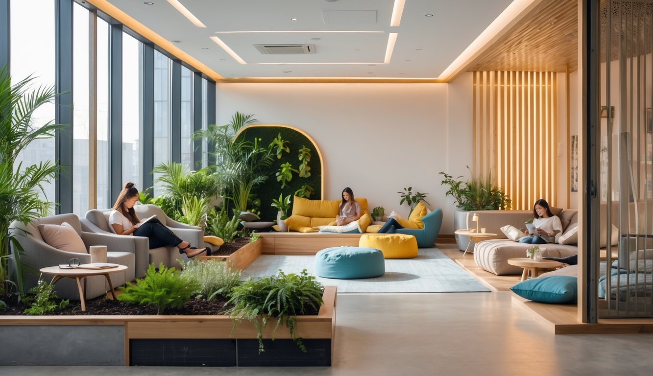 A modern coworking space with multiple relaxation areas including sofas, indoor plants, bean bags, and a meditation corner with floor cushions.