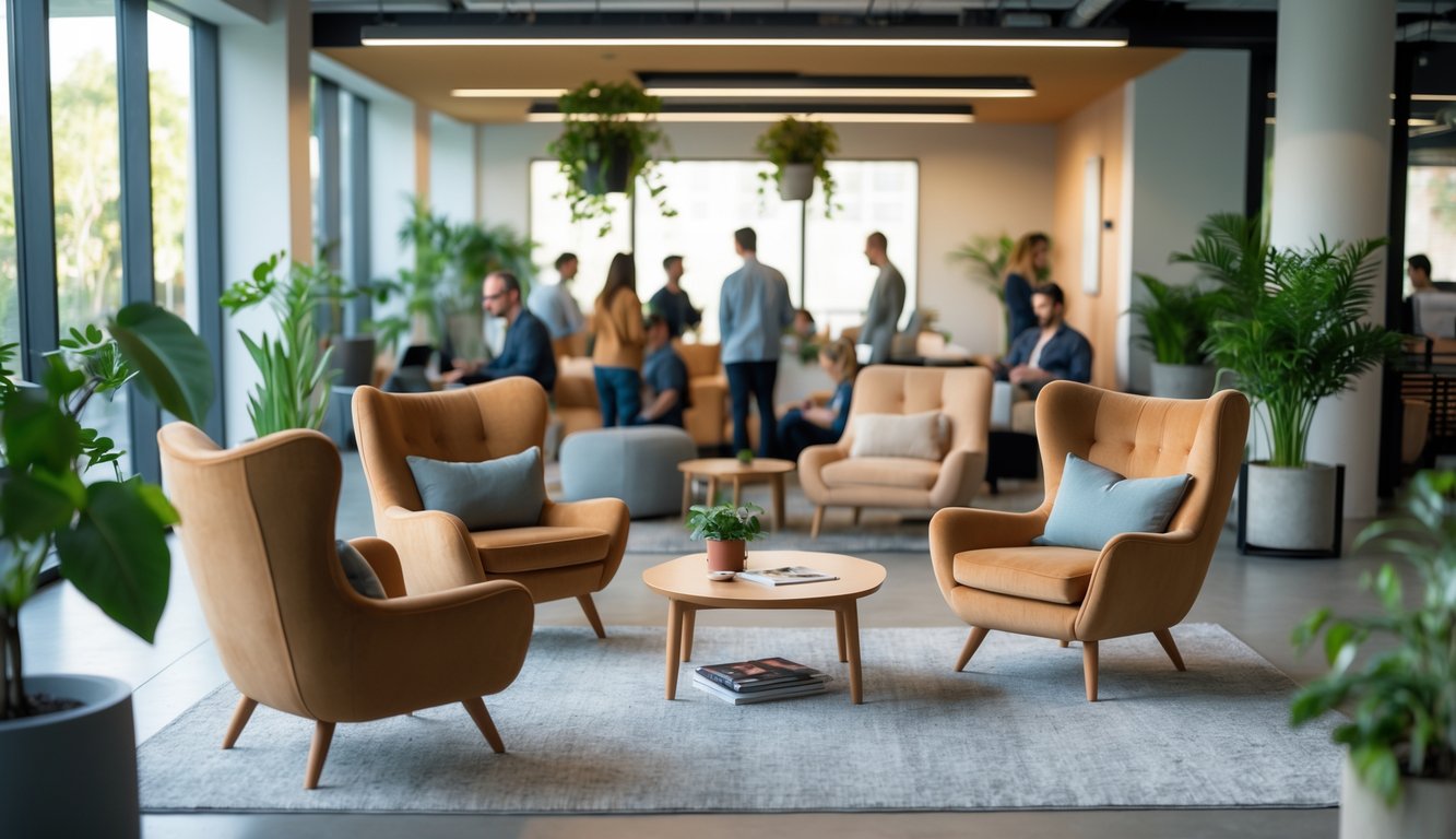 A coworking space with a comfortable relaxation area including armchairs, plants, and people working nearby.