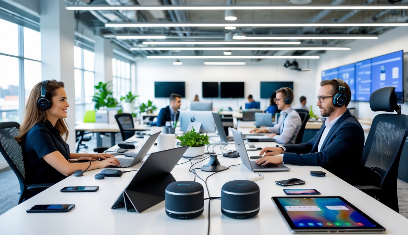 People working in a bright coworking space with laptops, tablets, monitors, smart speakers, and video conferencing equipment on desks.