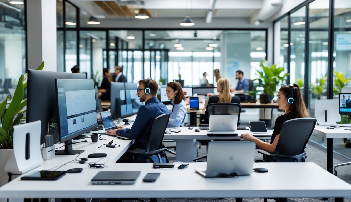 A modern coworking space with people working at desks using laptops, tablets, and other technology devices.