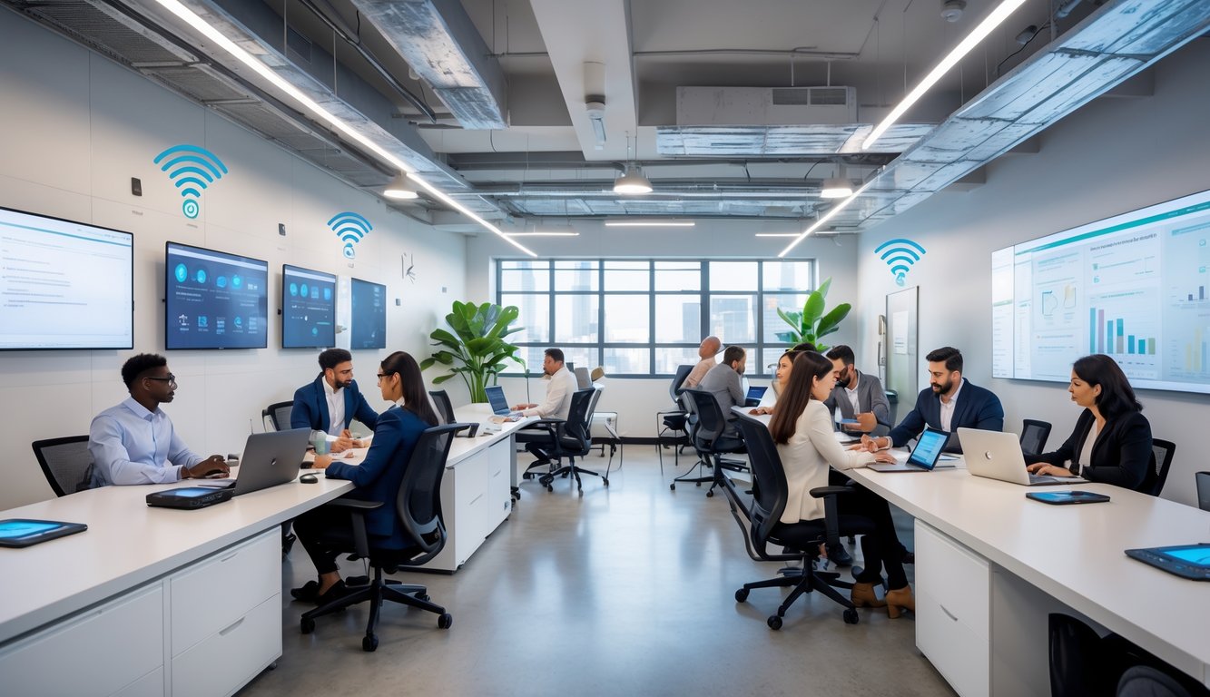 A bright coworking space with people working at desks surrounded by smart IoT devices like connected lighting and digital screens.