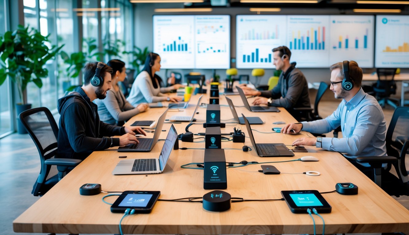 People working in a bright coworking space with laptops, tablets, wireless routers, and other connectivity tools on wooden tables.
