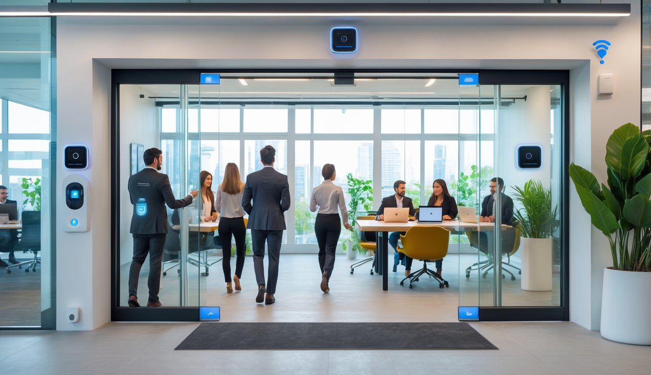 People entering a modern coworking space through a glass door with biometric security devices and smart cameras around the entrance.