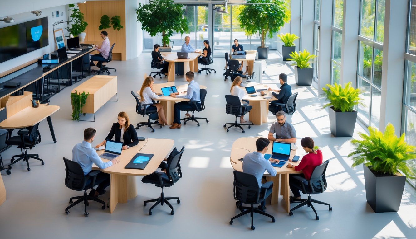 A modern coworking space with people working on laptops and collaborating at tables surrounded by large windows and indoor plants.
