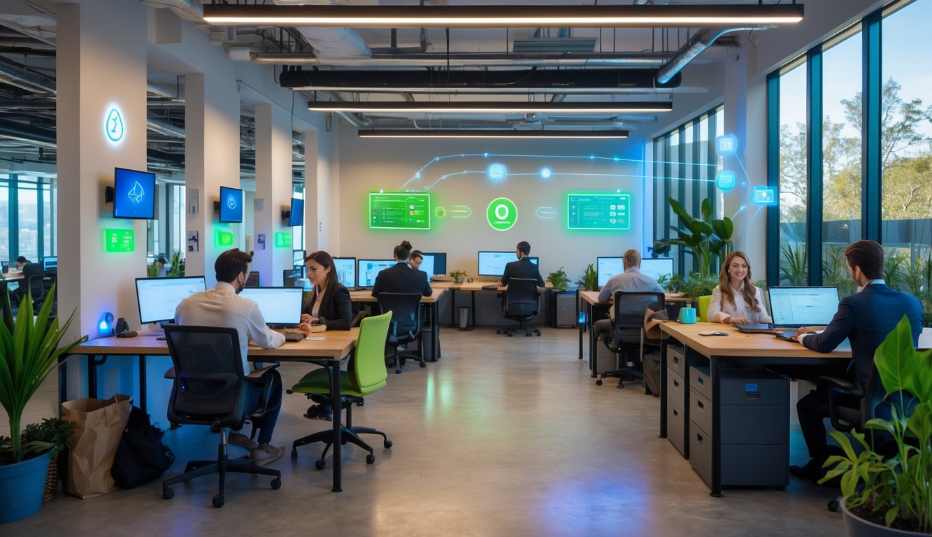A bright coworking space with people working at desks surrounded by plants and smart devices, showing energy-efficient lighting and digital monitors displaying energy usage.